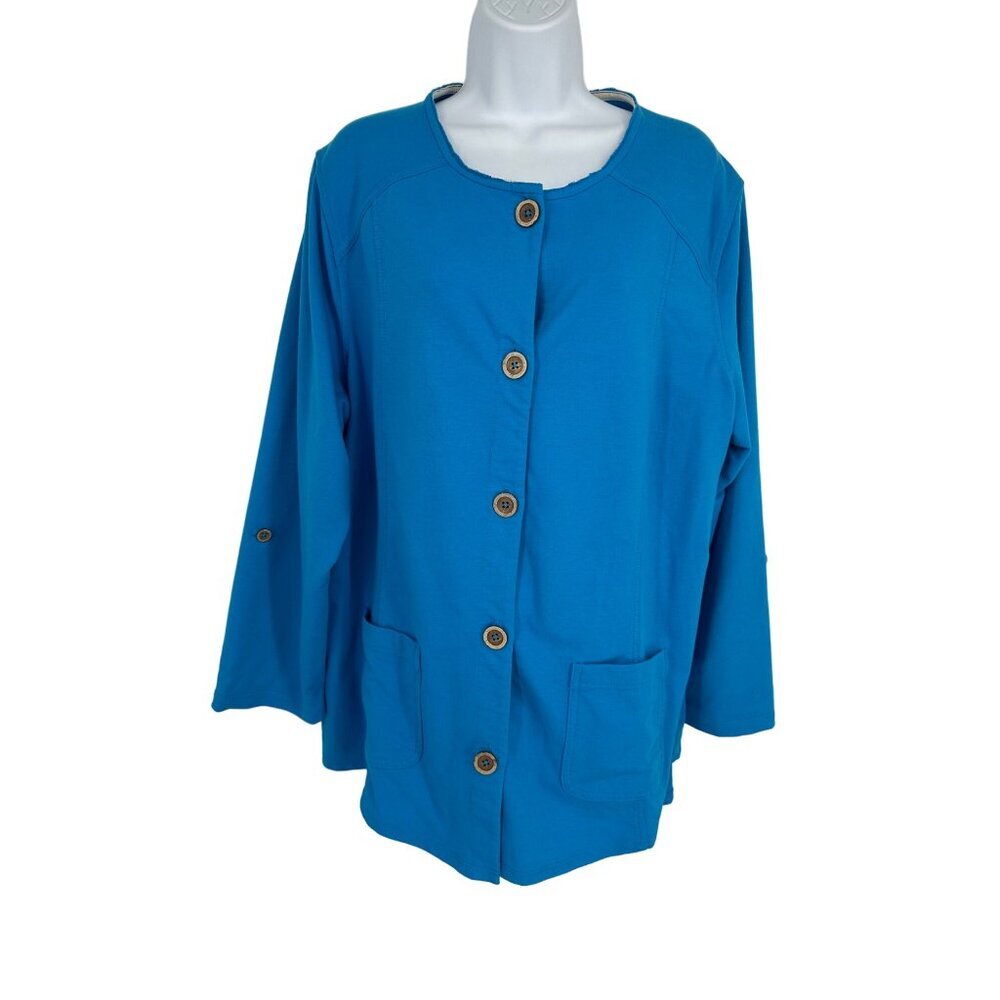 Susan Graver Resort Bright Blue French Terry Jacket or Cover Up with Hood Sz 1X